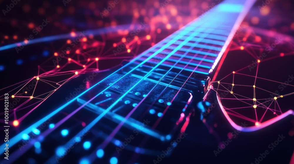 Electric Guitar with Neon Lights and Network Structure