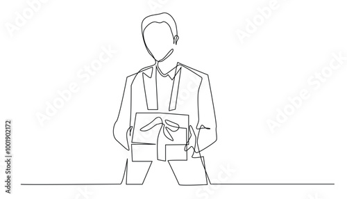 continuous line drawing of man giving a gift.man standing and holding a gift.one line vector.isolated white background
