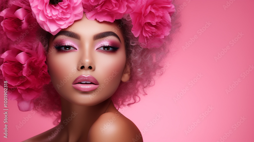 Beautiful young black woman with flowers and petals on her face. Beauty parlor horizontal banner concept, copyspace Pink background.