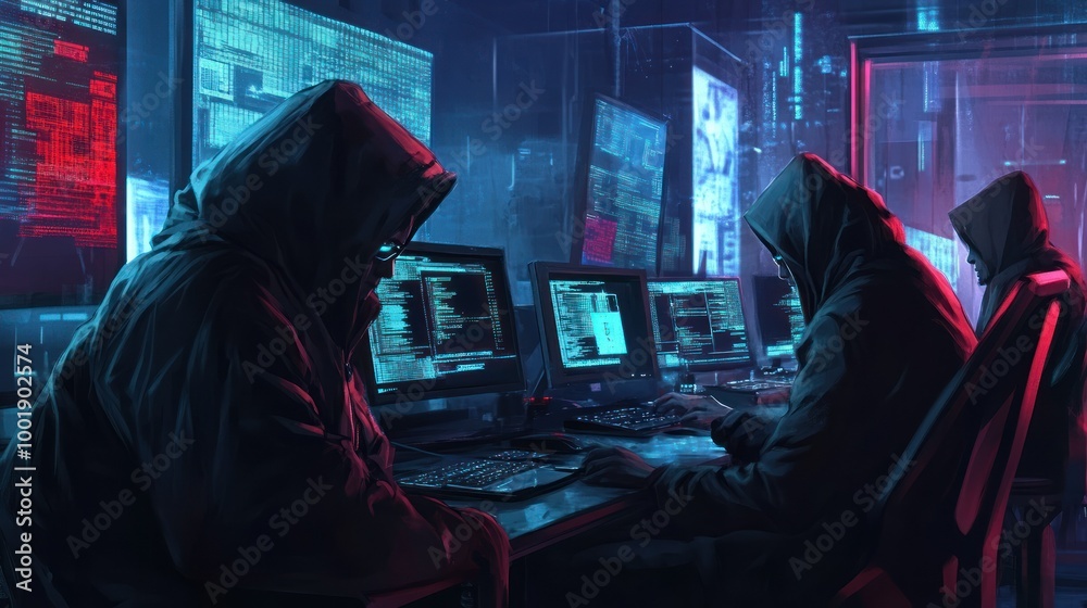 Obraz premium Three Hackers Working in a Dark Room with Monitors Displaying Code