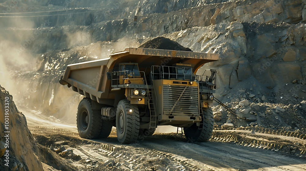 Obraz premium Large Mining Truck Climbing Dirt Ramp in Open-Pit Mine at Sunrise