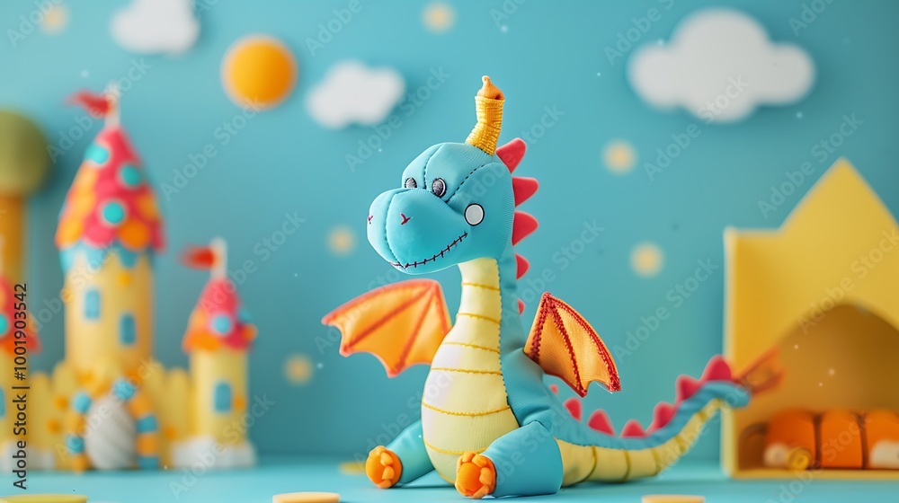 Obraz premium A toy dragon with a castle tower on a blue and yellow background