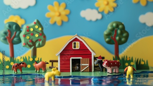 A toy farm with a barn and animals on a blue and yellow background