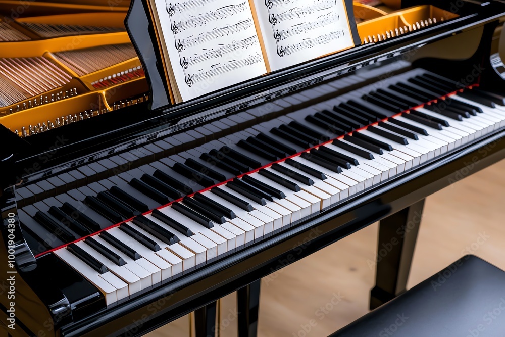 Piano with sheet music, the keys stretching into the distance, lit by soft afternoon light, with a classic piece of music open on the stand Piano with sheet music, the keys stretching into the distance, lit by soft afternoon light, with a classic piece of music open on the stand