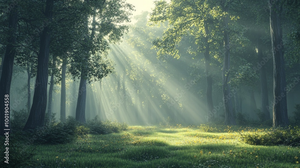 Obraz premium A misty woodland at dawn, with soft rays of sunlight barely filtering through the thick canopy