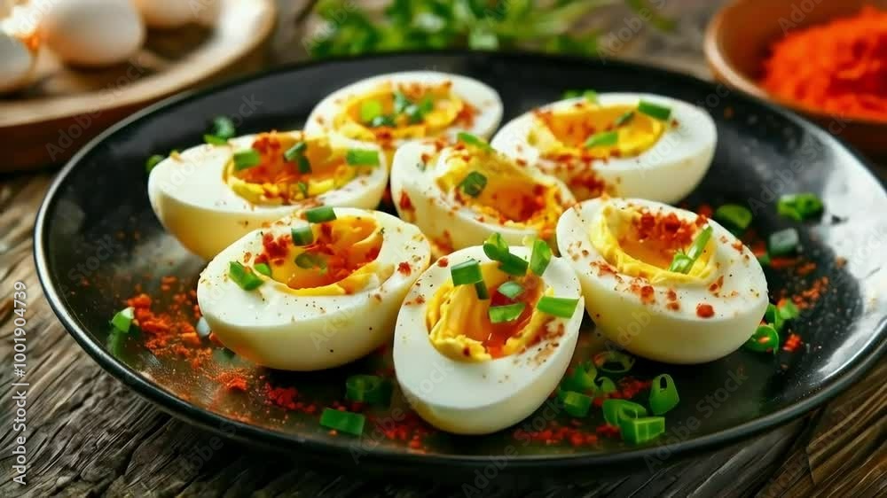 Boiled Eggs with Green Onions and Spices on a Black Plate