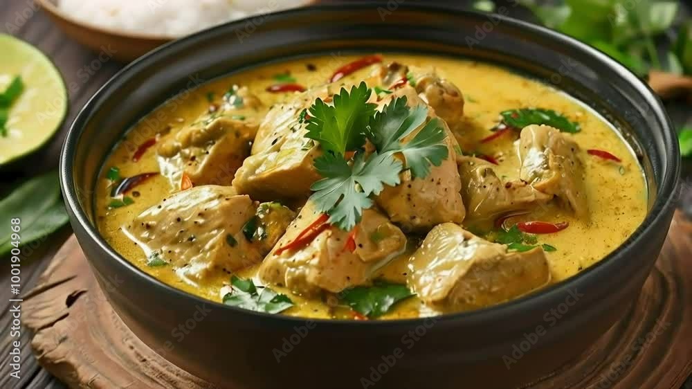 Chicken Curry with Cilantro Garnish, served on black bowl Chicken Curry with Cilantro Garnish, served on black bowl