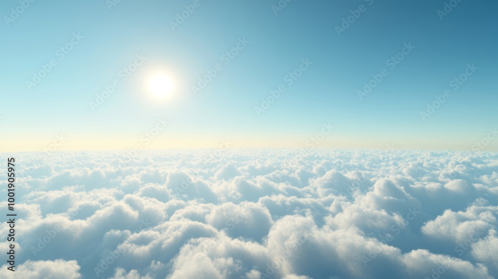 A tranquil skyscape above the clouds, with a vivid blue sky and a tiny bright sun just over the horizon A tranquil skyscape above the clouds, with a vivid blue sky and a tiny bright sun just over the horizon