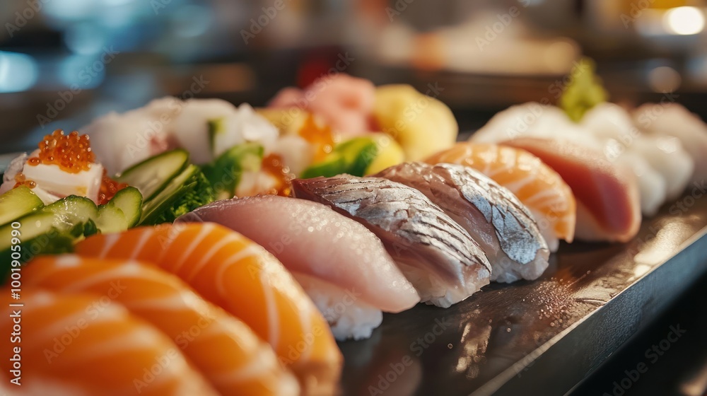 An assortment of freshly made sushi, including salmon, tuna, and whitefish, on a serving tray. An assortment of freshly made sushi, including salmon, tuna, and whitefish, on a serving tray.