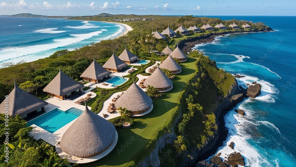 Fototapeta premium Aerial view of a coastal resort area featuring a series of thatched-roof villas and buildings nestled along a lush, green cliffside.