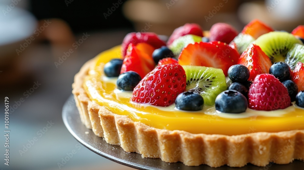 A close-up shot of a fruit tart with lemon curd, topped with blueberries, raspberries, strawberries and kiwi slices. A close-up shot of a fruit tart with lemon curd, topped with blueberries, raspberries, strawberries and kiwi slices.