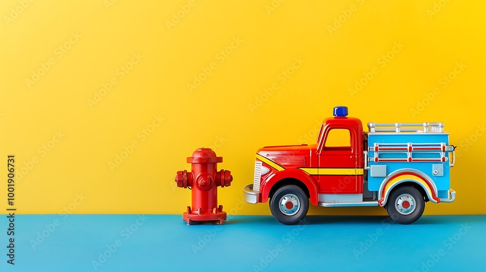 Naklejka premium A toy firetruck with a hydrant on a blue and yellow background