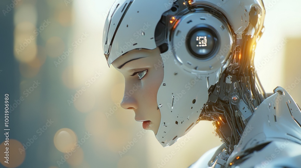 Fototapeta premium Close-up of a Female Android's Face with Visible Internal Mechanics