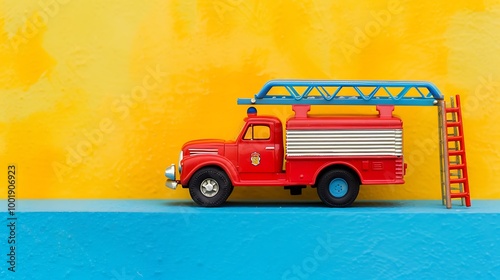 A toy firetruck with a rescue ladder extended on a blue and yellow background