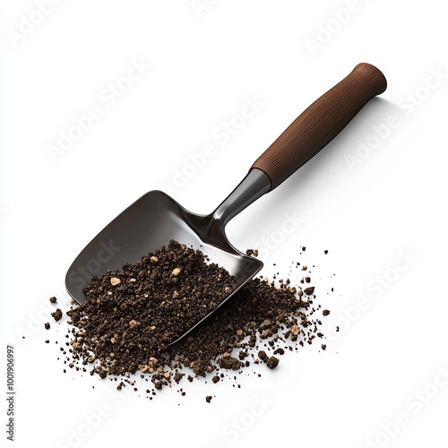 Garden spade with soil, isolated on white background.