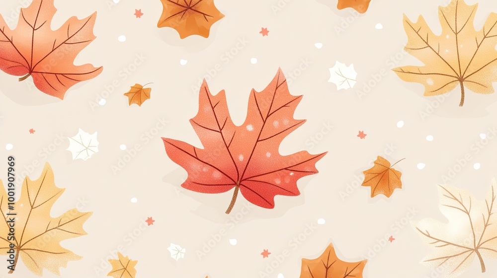Obraz premium A captivating repeating pattern of vibrant autumn leaves, showcasing rich shades of red, orange, and yellow. The leaves are elegantly cascading across a soft, muted background, creating a harmonious 