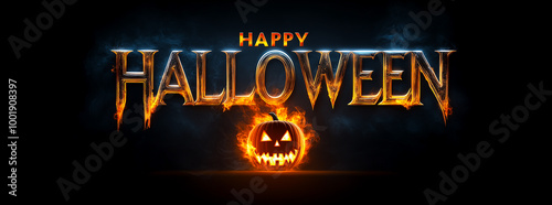 Happy Halloween text on fire with pumpkin on black background. 3D special effect burning spooky October 31 Holiday party with copy space for advertising 