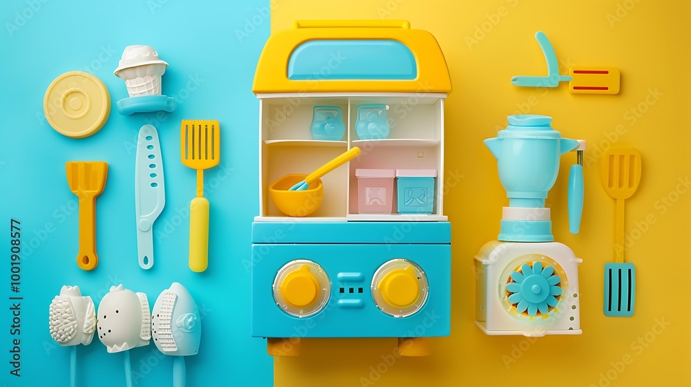 A toy kitchen with an ice cream maker on a blue and yellow background A toy kitchen with an ice cream maker on a blue and yellow background