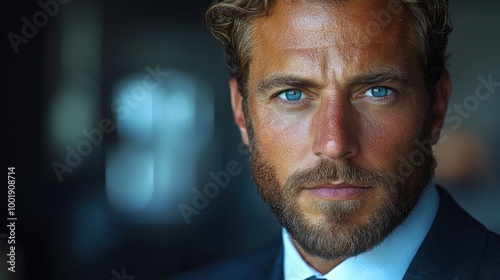 A focused man with blue eyes and a well-groomed beard poses in a professional setting during early evening hours photo