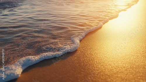 Golden beach at sunset, clear waves gently washing onto the shore
