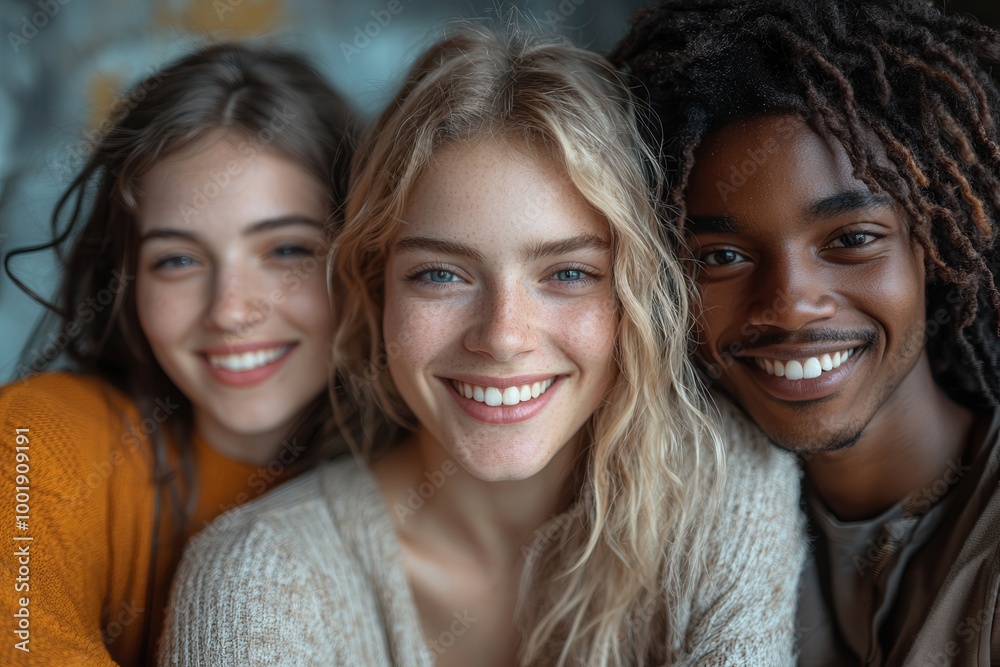 Smiling Friends Posing Together in Soft Lighting Smiling Friends Posing Together in Soft Lighting