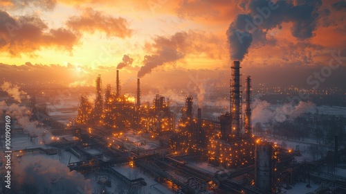 Industrial complex emits smoke under a colorful sunset in a winter landscape with glowing chimneys and pipelines