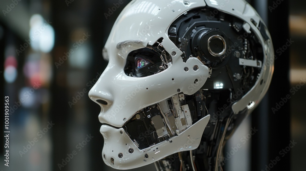 A White Robot Head With Exposed Wiring and a Single Eye