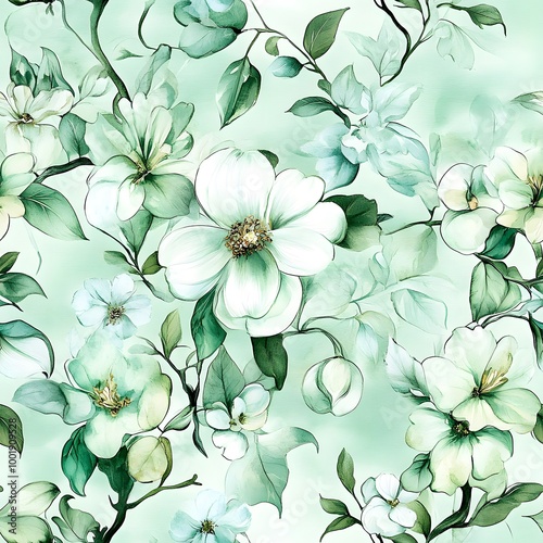 Watercolor floral seamless pattern in a mint green color palette with white blossoms.