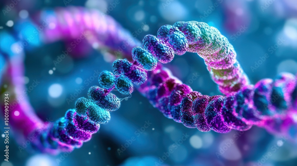 Close-up of a Double Helix DNA Structure with Blue and Purple Coloration Close-up of a Double Helix DNA Structure with Blue and Purple Coloration