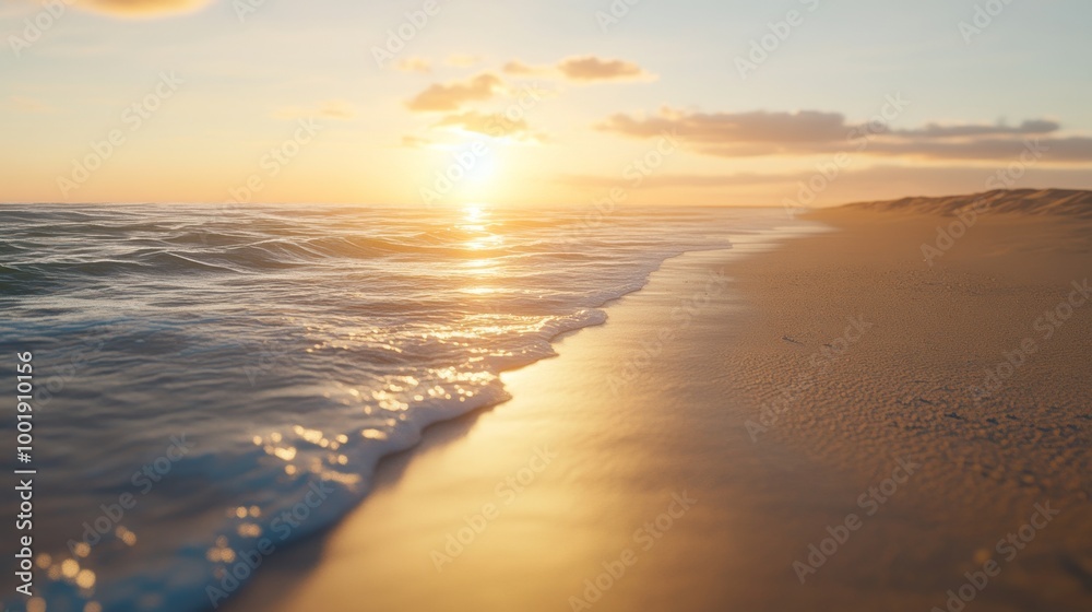 Fototapeta premium Sunset casting a golden glow on an empty beach, soft waves washing ashore