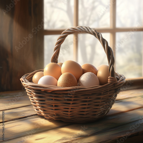 A close-up of a basket filled with fresh eggs, sitting on a rustic wooden table with soft morning sunlight shining through a kitchen window, celebrating World Egg Day