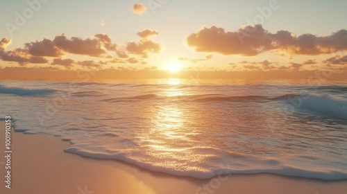 Sunset over a tranquil beach, golden light reflecting on the water