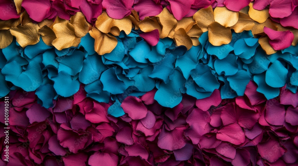 An abstract composition showcases a layered arrangement of floral petals and leaves using bold colors like turquoise, fuchsia, and gold, emphasizing a contemporary artistic style An abstract composition showcases a layered arrangement of floral petals and leaves using bold colors like turquoise, fuchsia, and gold, emphasizing a contemporary artistic style