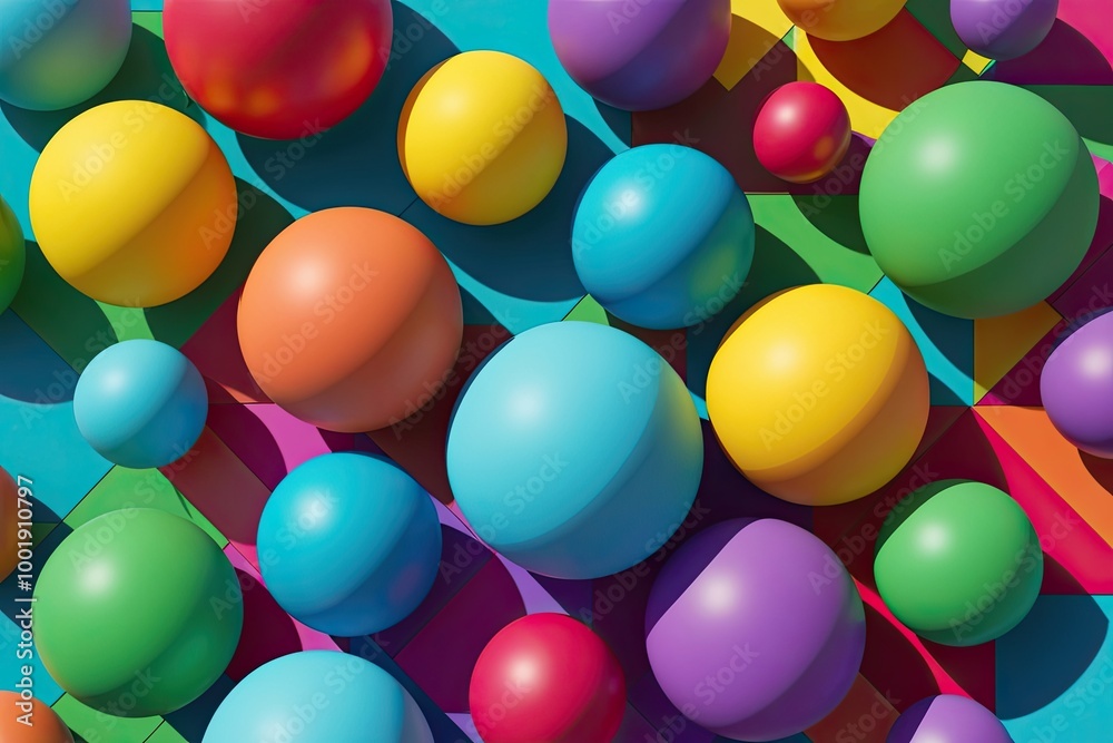 Dynamic 3D Geometric Composition with Colorful Spheres and Vibrant Shadows Dynamic 3D Geometric Composition with Colorful Spheres and Vibrant Shadows