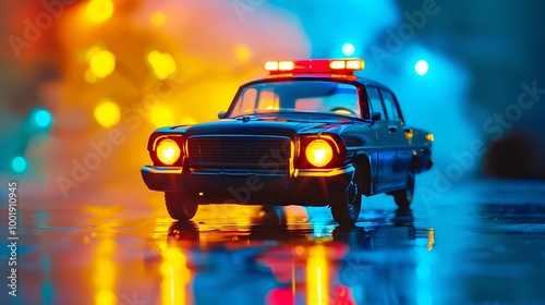 A toy police car with flashing lights on a blue and yellow background