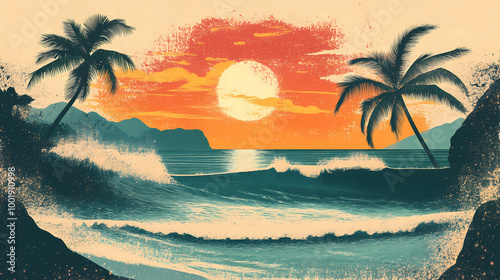 Sunset vintage retro style beach surf poster vector illustration. Retro Illustration. Illustration
