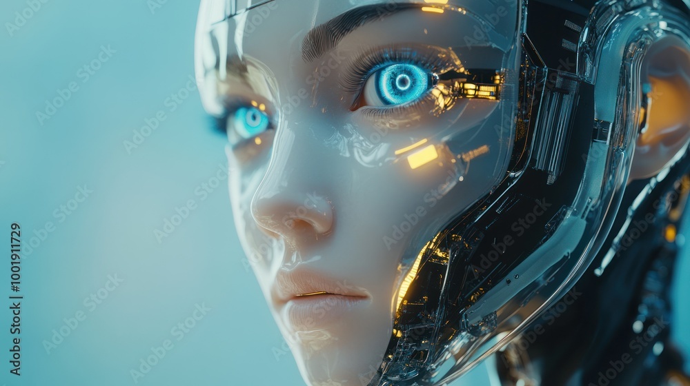 Close-up Portrait of a Female Cyborg with Glowing Blue Eyes Close-up Portrait of a Female Cyborg with Glowing Blue Eyes