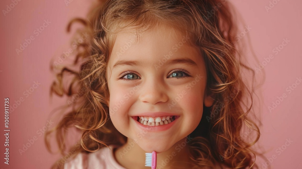 Young girl with curly hair smiling holding a toothbrush Young girl with curly hair smiling holding a toothbrush