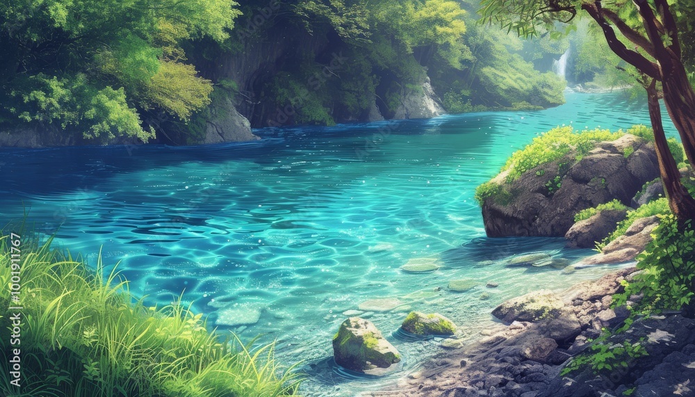 Crystal-clear lake scene with lush green surroundings, serene and beautiful nature setting Crystal-clear lake scene with lush green surroundings, serene and beautiful nature setting