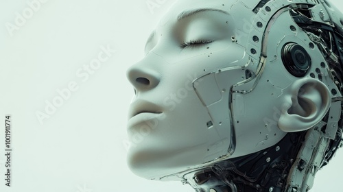 Close-up of a Futuristic Android's Face with Closed Eyes