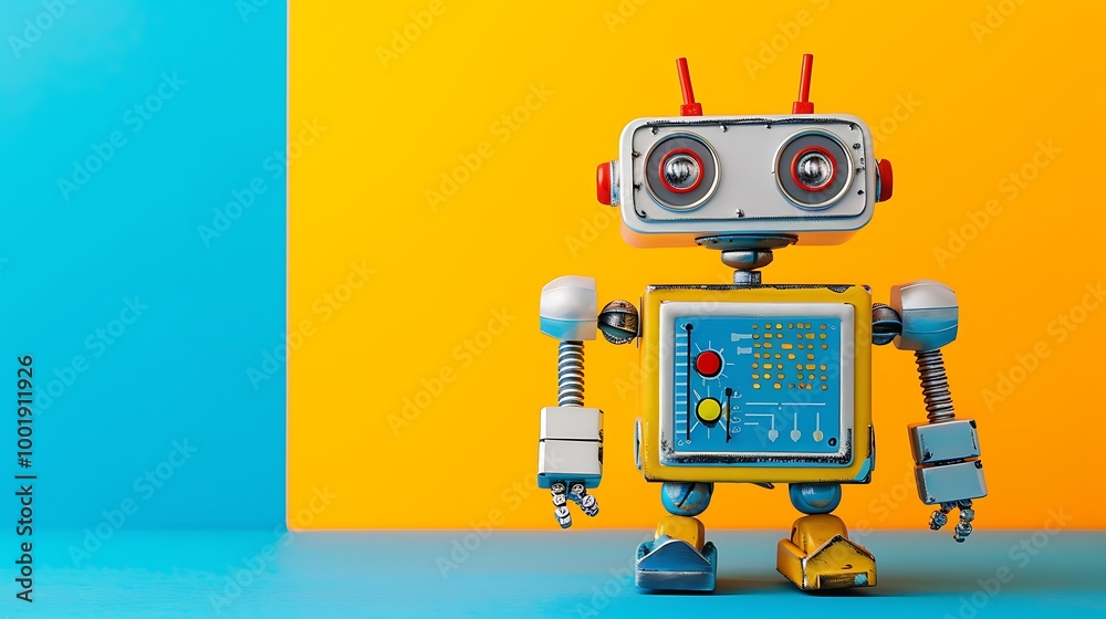 Naklejka premium A toy robot with a command center on a blue and yellow background