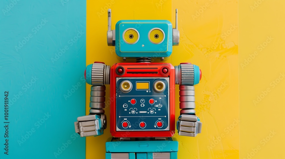 Fototapeta premium A toy robot with a control panel and charging dock on a blue and yellow background