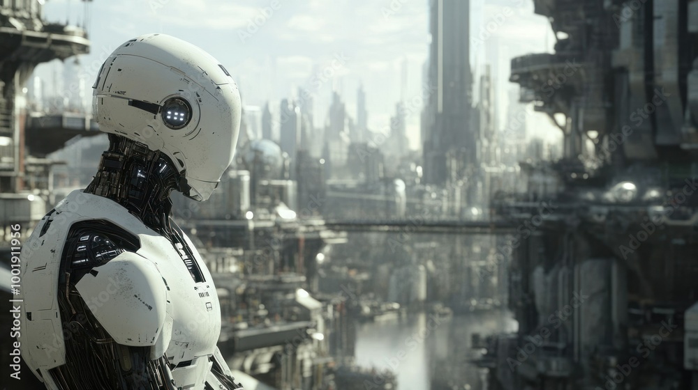 White Android Robot in a Futuristic Cityscape White Android Robot in a Futuristic Cityscape