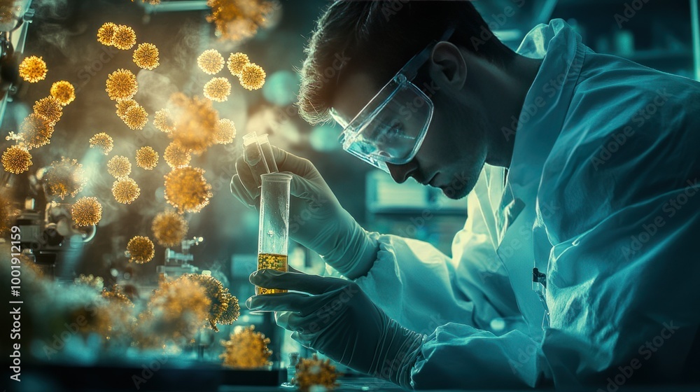 Scientist examining a test tube with a glowing virus in a laboratory Scientist examining a test tube with a glowing virus in a laboratory