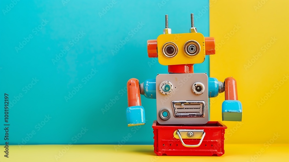 Fototapeta premium A toy robot with a toolbox on a blue and yellow background