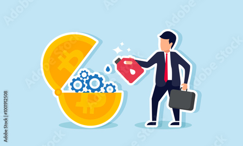 A businessman applies lubricant to the gears of a bitcoin machine, an illustration of the trigger that boosts or maintains bitcoin's valuation.