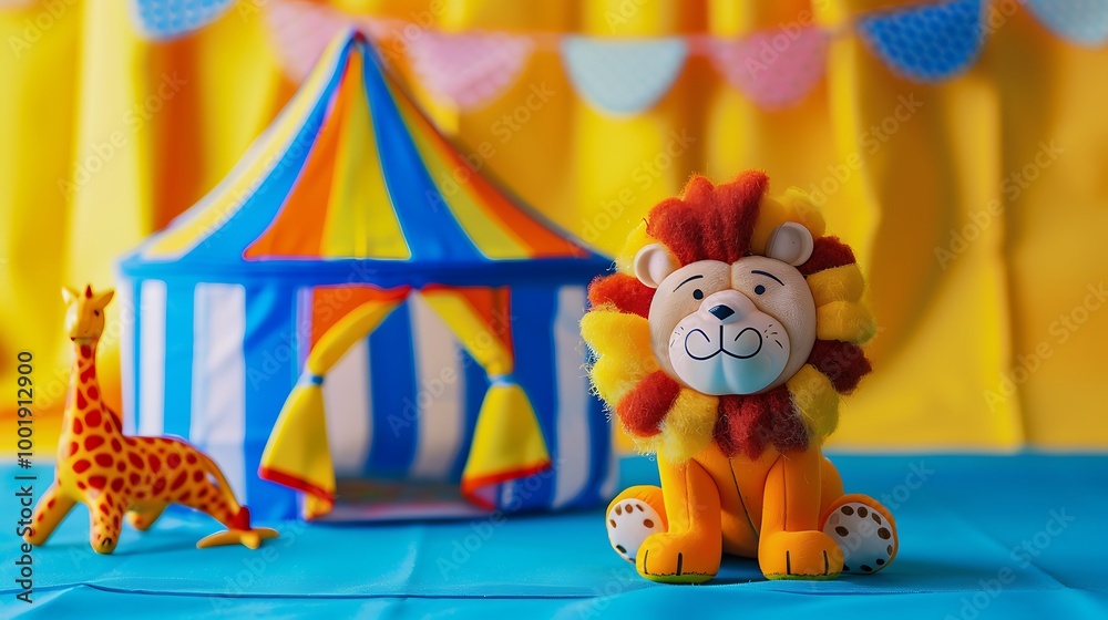 A toy safari with a lion and a tent on a blue and yellow background A toy safari with a lion and a tent on a blue and yellow background