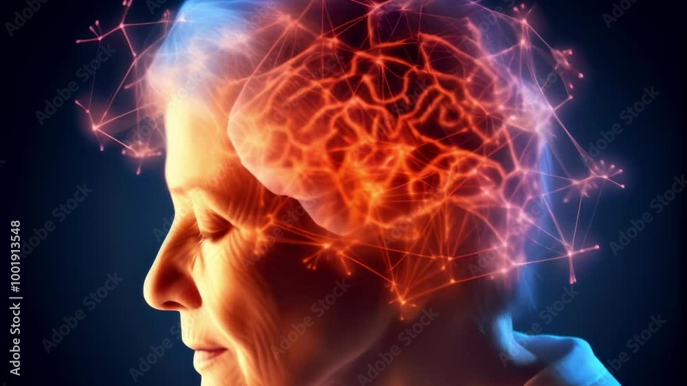 Profile of a senior woman with her eyes closed and a visible brain with network connections, symbolizing brain activity Profile of a senior woman with her eyes closed and a visible brain with network connections, symbolizing brain activity