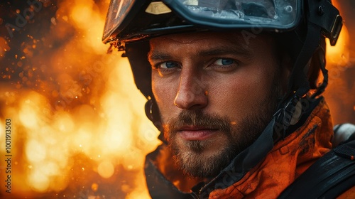 A firefighter stands resolute against the backdrop of flames while battling a large forest fire during a hot summer day