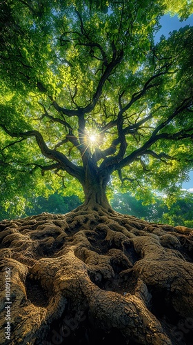 Majestic Tree with Sunlight Through Green Leaves